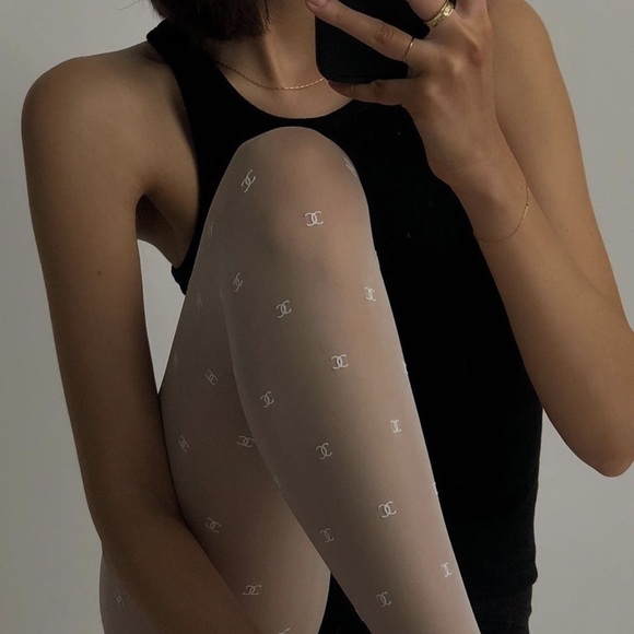 CC Hosiery Accessories - White CC Patterned Monogram Pantyhose Stockings Tights